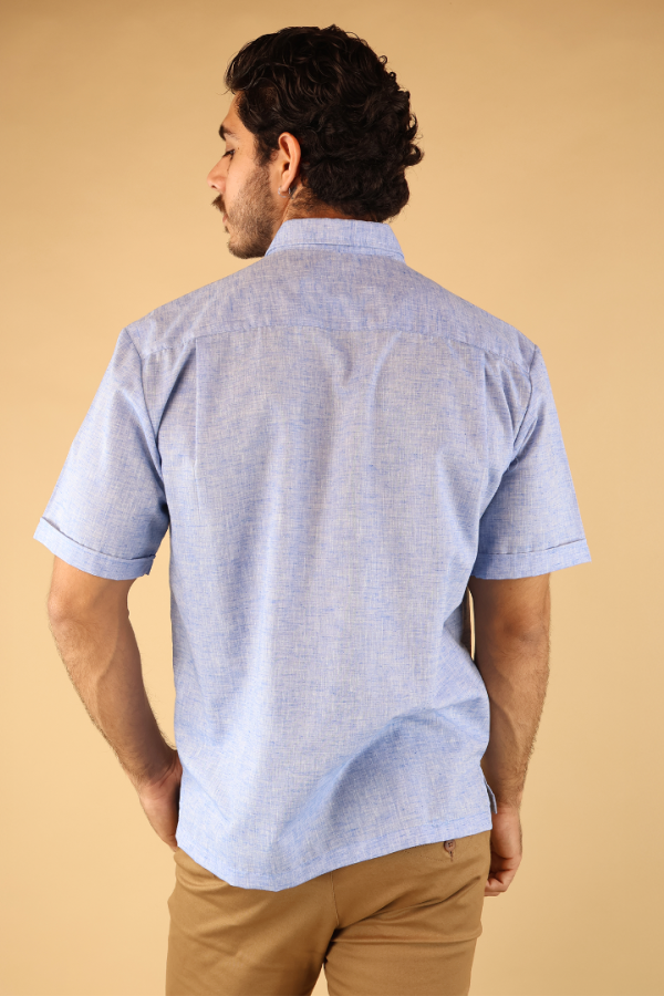 Guayabera Azul Jaspe Manga Corta Hombre Alforzas Frontales Casual Elegante